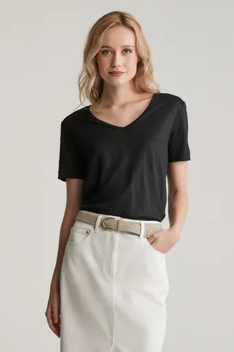 TRIČKO GANT REG LINEN V-NECK SS T-SHIRT BLACK