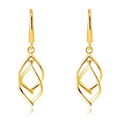 Visací zlaté 14K náušnice - obrysy dvou navzájem propletených listů, afro háček