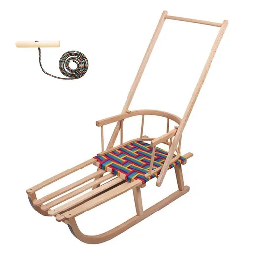 Bayo Dětské dřevěné sáňky s opěradlem rukojetí a provázkem