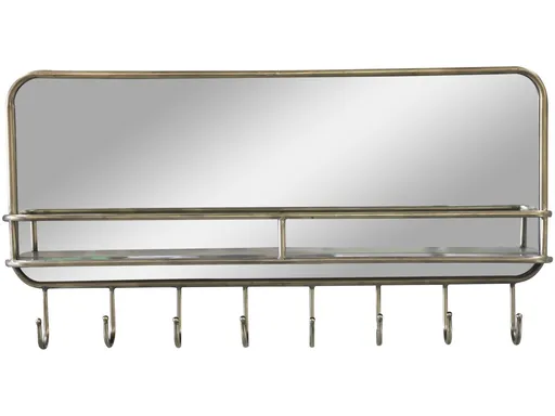 Mosazné antik nástěnné zrcadlo s háčky a poličkou Sany - 87*12*45 cm Chic Antique