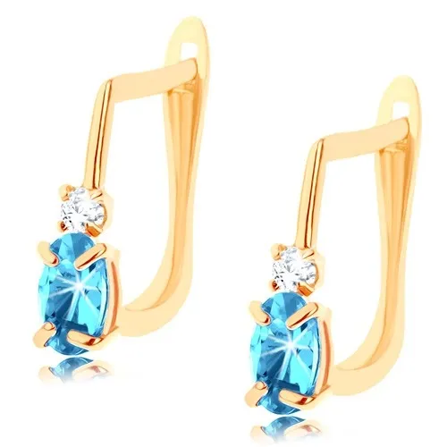 Náušnice ve žlutém 14K zlatě - oválný modrý syntetický topas, čirý zirkonek