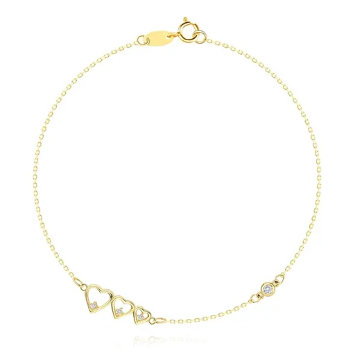 Náramek ze žlutého 14K zlata - zmenšující se srdce, čiré zirkony, jemný řetízek