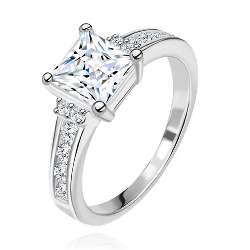 Stříbrný prsten 925 - čtvercový zirkon a zirkonky po stranách - Velikost: 49