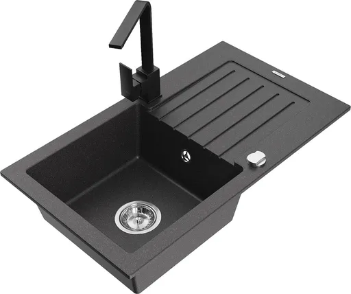 MEXEN/S Pablo granitový dřez 1-miska s odkapávačem včetně baterie Rita, černý kropenatý 6510-76-670300-70