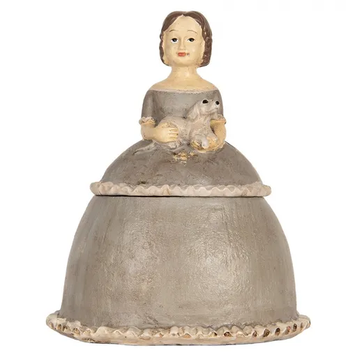 Béžová antik šperkovnice dívka v šedých šatech držící psíka - 19*16*22 cm Clayre & Eef
