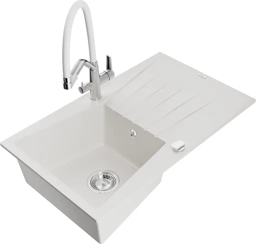 MEXEN/S Cesar granitový dřez s odkapávačem včetně baterie Duo, bílá 6514-20-671701-02