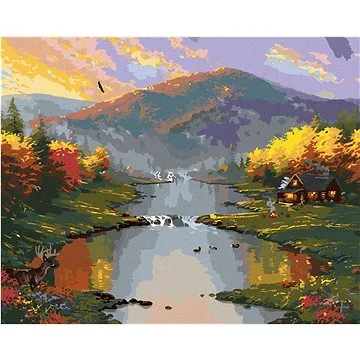 Zuty - Malování podle čísel - JELEN, ŘEKA, HORY A PODZIMNÍ STROMY (ABRAHAM HUNTER), 80x100 cm, vypnu (HRAmmb06007nad)