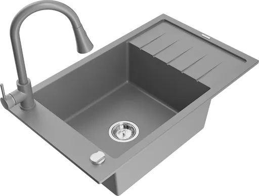 MEXEN/S Elias granitový dřez 1 s odkapávačem včetně baterie Elia, šedá 6511-71-670101-71