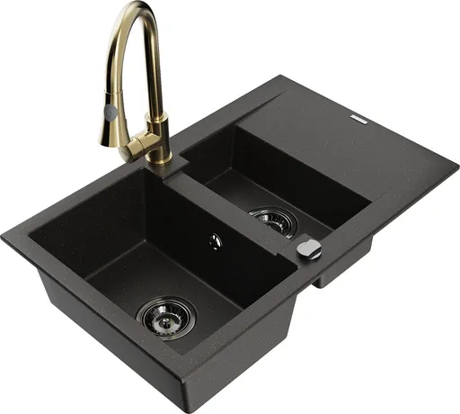 MEXEN/S Gaspar granitový dřez 1.5 s odkapávačem včetně baterie Elia, černá/zlatá metalik 6507-75-670101-50-B