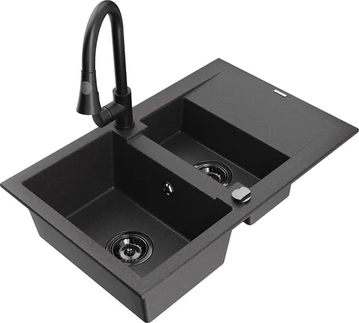 MEXEN/S Gaspar granitový dřez 1.5 s odkapávačem včetně baterie Elia, černá kropenatá 6507-76-670101-70-B