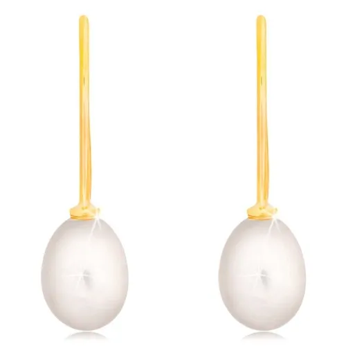 Náušnice ve žlutém 14K zlatě - bílá oválná perla na háčku
