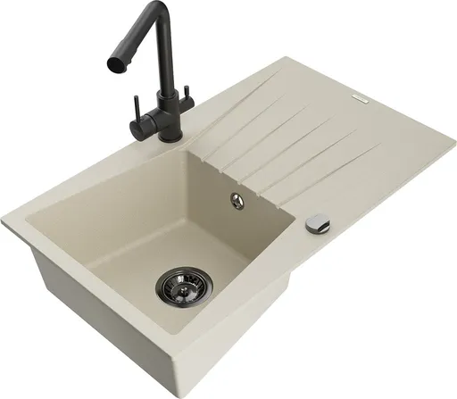 MEXEN/S Cesar granitový dřez s odkapávačem včetně baterie Duero, béžová 6514-69-671600-70