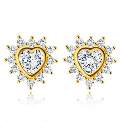 Zlaté 14K náušnice - zirkonové srdce v tenké kontuře, okvětní lístky, čiré zirkony
