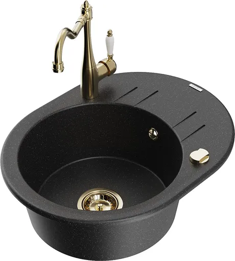 MEXEN/S Kevin granitový dřez 1-miska s odkapávačem včetně baterie Carla, černá/stříbrná metalik 6517-73-670700-50