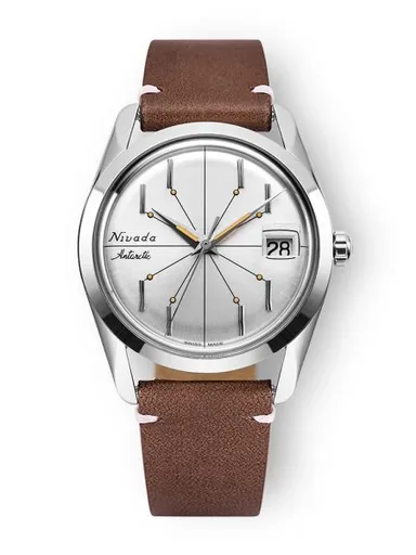 Nivada Grenchen Antarctic Spider Silver 35 mm - Brown Leather White Stitching