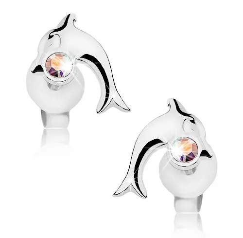 Stříbrné náušnice 925, lesklý skákající delfín s duhovým krystalem Swarovski