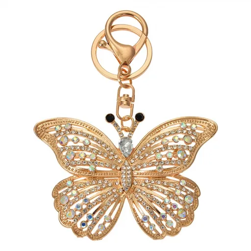 Zlatý kovový přívěšek na klíče s kamínky motýl - 6*2*8 cm Clayre & Eef