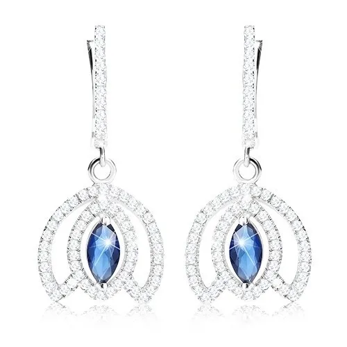 Náušnice ze stříbra 925, obrys květního kalichu, modrý zirkonový ovál, rhodiované