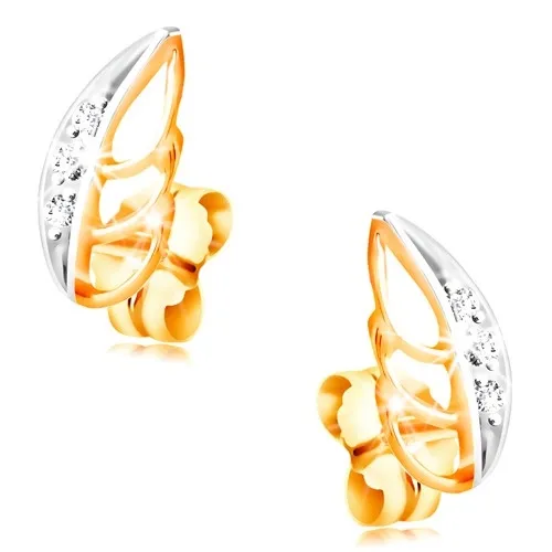 Náušnice ve 14K zlatě - dvoubarevný lístek zdobený čirými zirkonky