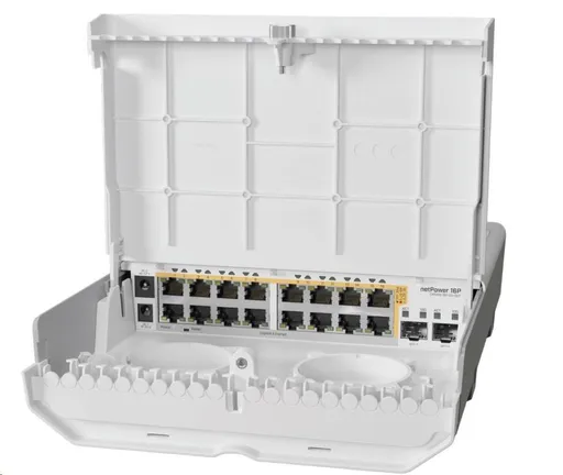 MikroTik Cloud Router Switch CRS318-16P-2S+OUT, 800MHz CPU, 256MB, 16x10/100/1000 (PoE-out), 2xSFP+, vč.L5, venkovní