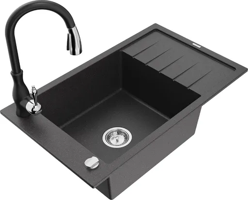 MEXEN/S Elias Elias granitový dřez 1-miska s odkapávačem včetně baterie Savita, černá kropenatá 6511-76-672601-70