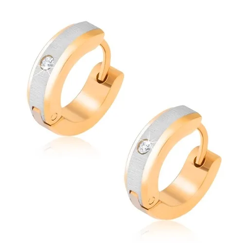 Zlaté náušnice z oceli, stříbrný saténový pás, čirý kamínek