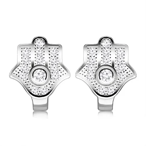 Stříbrné 925 náušnice - symbol Fatiminy ruky, kulatý zirkon v objímce, rhodiovaný povrch