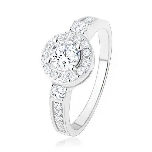 Stříbrný zásnubní prsten 925, čiré zirkonové slunce, blyštivé kamínky - Velikost: 56