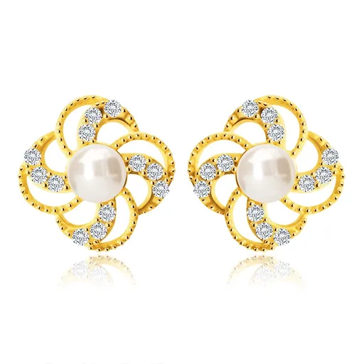 Náušnice ze 14K zlata - kvítek s obrysy okvětních lístků, zirkony, perla