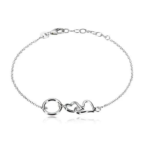 Stříbrný náramek 925 - dvě lesklá srdíčka a kroužek, menší oválná očka