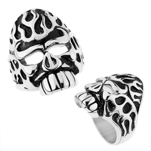 Mohutný prsten z oceli 316L, stříbrná barva, lebka s patinovanými zářezy - Velikost: 57