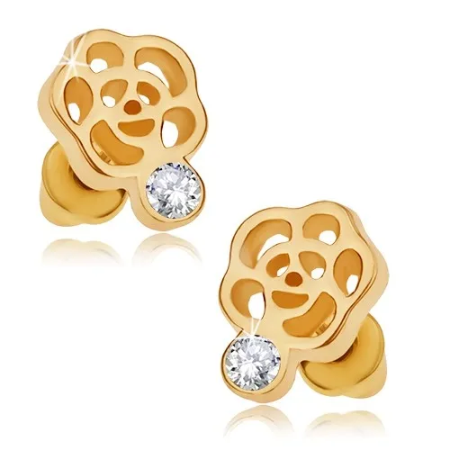 Puzetové náušnice zlaté barvy, obrys květu, čirý zirkon