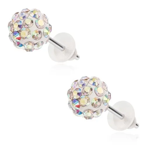 Ocelové náušnice Shamballa - bílé kuličky, zirkonky s duhovým leskem, 8 mm