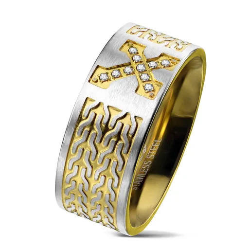 Prsten z chirurgické oceli, kříž se zirkony, řetízkový vzor, 9 mm - Velikost: 60