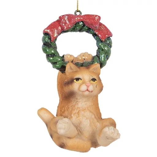 Závěsná dekorace kočička na zeleném věnečku - 6*5*9 cm Clayre & Eef