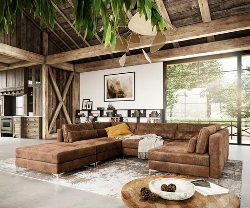 Pohovka ve tvaru "U" Elio 300x185 cm imitace kůže vintage hnědá