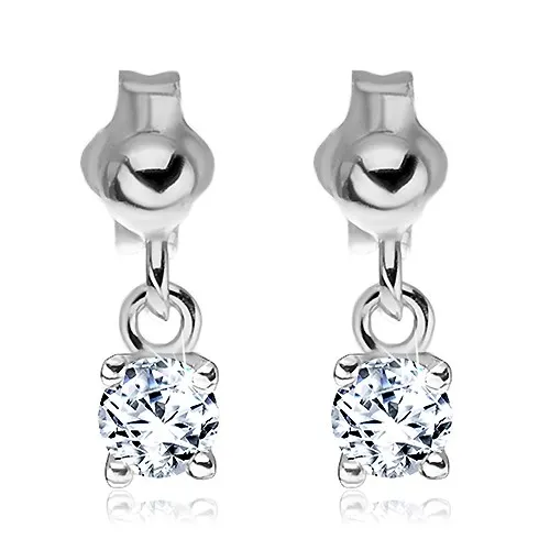 Stříbrné náušnice 925 -  visící čirý zirkon na puzetce, 4 mm