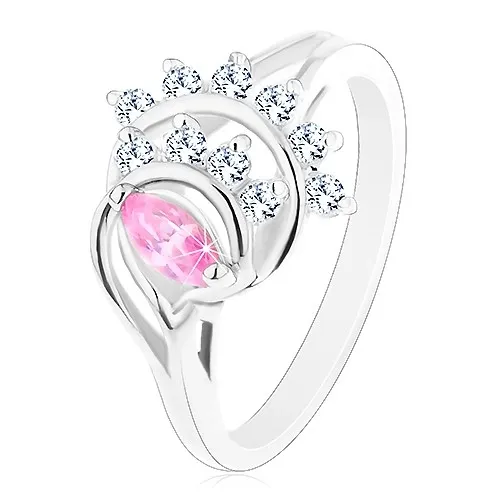 Prsten stříbrné barvy, růžové zrnko, oblouky z čirých zirkonů - Velikost: 50