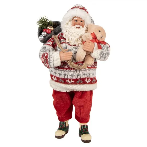 Červená vánoční figurka Santa Claus s medvídkem - 13*10*28 cm Clayre & Eef