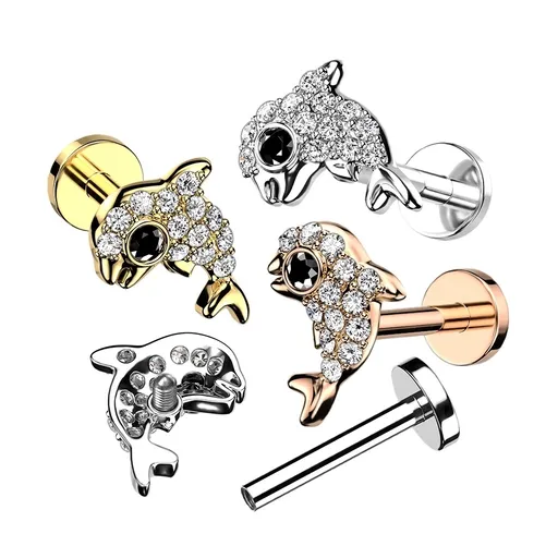 Ocelový labret - delfín s černým okem, čirý zirkon, vnitřní závit, 8 mm - Barva: Měděná