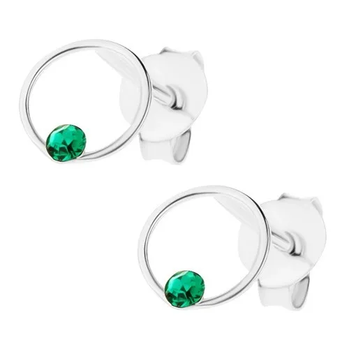 Stříbrné 925 náušnice, tmavě zelený krystalek Swarovski, tenký kroužek
