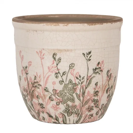 Béžový antik keramický obal na květináč s růžovo-zelenými květy S - Ø 13*11 cm Clayre & Eef