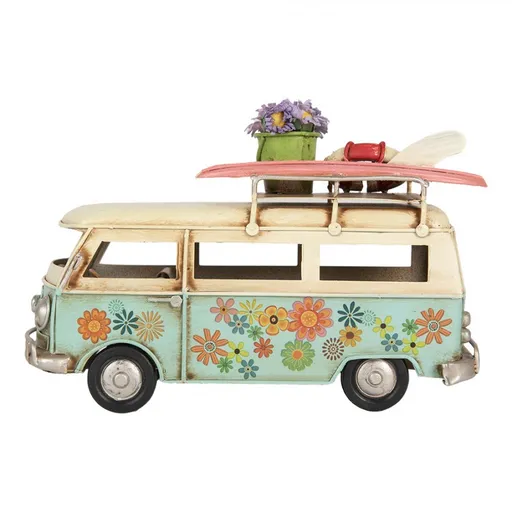 Béžovo-modrý kovový retro model autobus s květy - 17*7*11 cm Clayre & Eef
