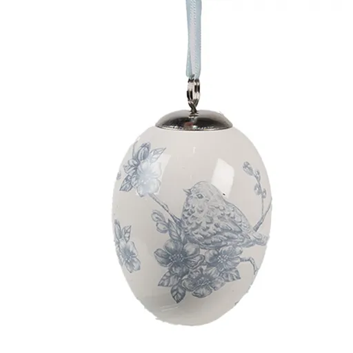 Dekorace keramické vajíčko s modrými květy a ptáčkem - Ø 6*8 cm Clayre & Eef