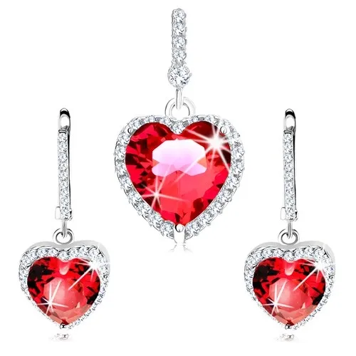 Stříbrný set 925 - náušnice a přívěsek, červené srdce s čirými zirkonky