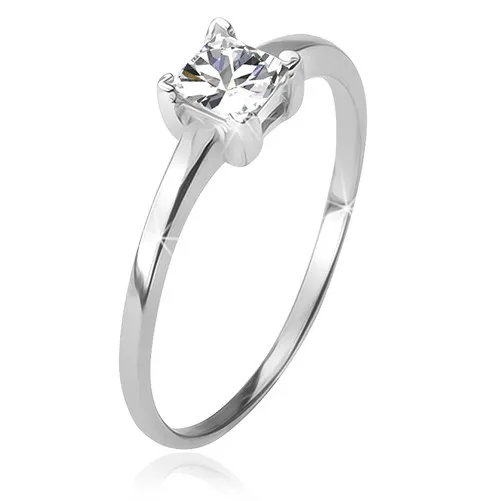 Prsten ze stříbra 925, čtvercový čirý kamínek v kotlíku - Velikost: 53