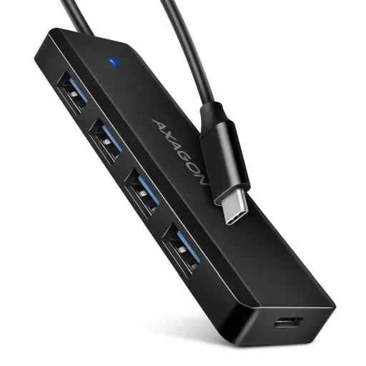 AXAGON HUE-C1C cestovní čtyřportový USB-C 5Gbps hub/USB-C konektor pro externí napájení/kabel 19 cm