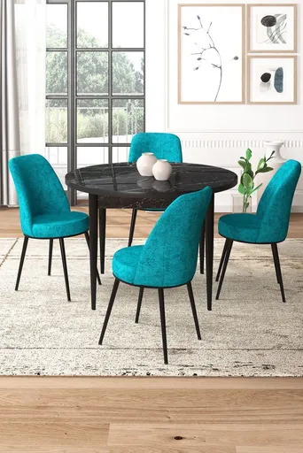 Dining Table & Chairs Set (5 Pieces) Tor - Black Marble, Turquoise