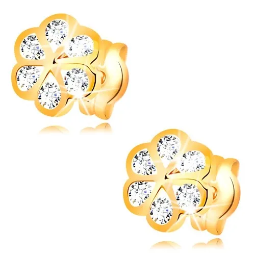 Náušnice ze žlutého 14K zlata - kvítek s hladkými obrysy a čirými zirkony