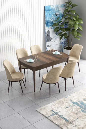 Extendable Dining Table & Chairs Set (7 Pieces) Han - Baroque, Cream